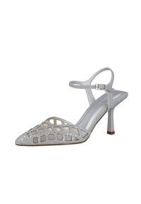 Sandalia plateada de tacón con punta afilada, adornada con cristales y un diseño de rejilla. Presenta una correa en el tobillo y un tejido brillante.