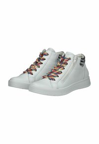 Sneakers alte in pelle bianca con lacci colorati intrecciati, una cerniera laterale e una finitura testurizzata nella parte superiore.