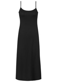 Czarna sukienka bez rękawów z cienkimi ramiączkami, wykonana z gładkiego materiału, charakteryzująca się prostym krojem i długością do połowy uda. Brak dodatkowych wzorów lub akcentów.