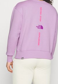 Fialová mikina se žebrovanými manžetami a lemem. Obsahuje loga "NEVER STOP EXPLORING" a "THE NORTH FACE" v růžové a fialové barvě. Měkká tkanina.