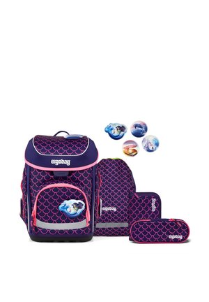 Dark purple schoolbag set with pink scale pattern, includes backpack, pencil case, and accessories with mermaid and ocean-themed badges.