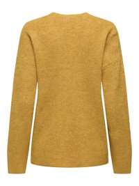 Senfgelber gerippter Pullover mit langen Ärmeln, rundem Halsausschnitt und strukturierter Oberfläche. Die Rückseite weist ein horizontales Rippenmuster auf.