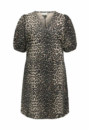 Printet kjole med leopardmønster i sort og tan. V-udskæring, korte puffærmer og en afslappet pasform. Glat stof.