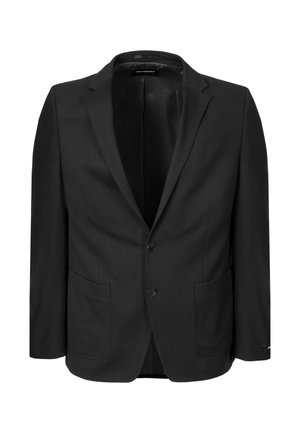 Zwarte herenblazer met twee knopen aan de voorkant, inkeping rever en twee opgestikte zakken, getoond tegen een witte achtergrond.