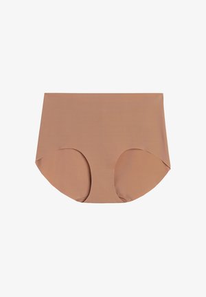 Béžové vysoké spodní prádlo vyrobené z hladké, elastické látky s bezešvým designem a jemnými, zaoblenými otvory na nohy.