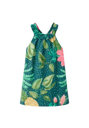 Robe sans manches couleur sarcelle avec un col à volants, avec un imprimé tropical de feuilles, de fleurs roses et un ananas jaune.