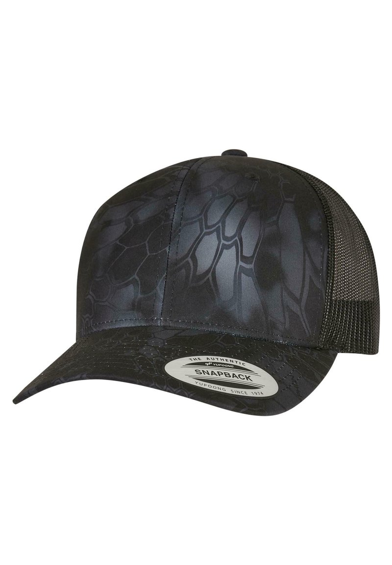 Fekete snapback sapka textúrált, hüllőmintás elülső panellel és lélegző hálós hátsó résszel. Ívelt csúccsal és állítható pánttal rendelkezik.
