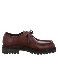 Chaussures en cuir marron avec un bout arrondi, des coutures décoratives, un laçage et une semelle épaisse et robuste. Elles présentent une texture lisse.