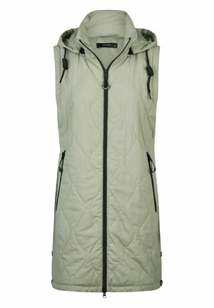 Lichte groene gewatteerde mouwloze vest met een capuchon, voorrits en twee zijzakken. Heeft zwarte accenten en een verstelbaar koord.