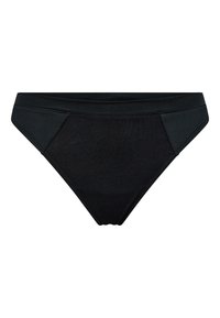 Schwarzer Bikini-Unterteil aus glattem, dehnbarem Material. Mit einer moderaten Schnittform und genähten Nähten. Keine sichtbaren Muster oder Beschläge.