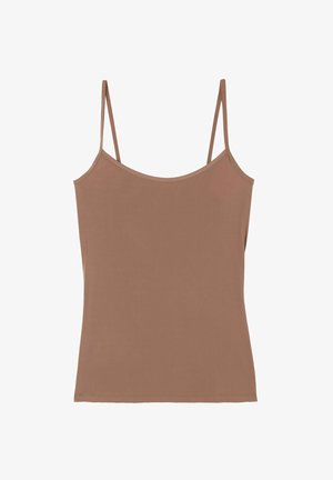 Hnědý top na ramínka s tenkými popruhy, přiléhavý design, měkká textura a rovný lem. Vyrobeno z lehkého, elastického materiálu.