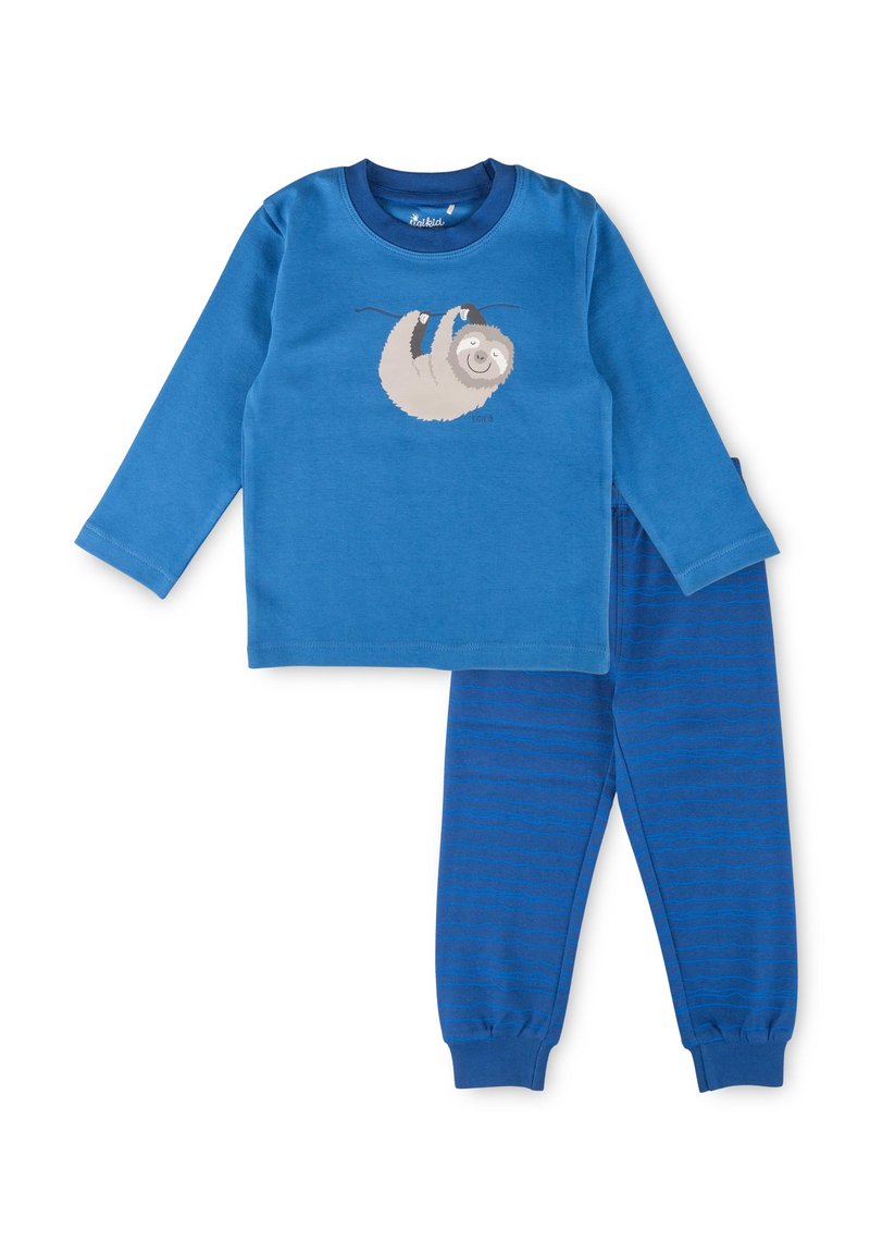 Maglietta a maniche lunghe blu per bambini con un grafico di un bradipo sorridente appeso a un ramo e pantaloni blu abbinati con sottili righe a onde.
