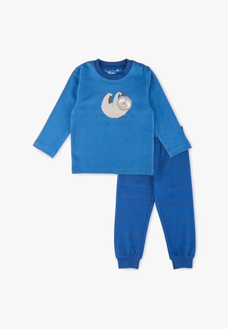 Blue children's long-sleeve top with a smiling sloth graphic hanging from a branch and matching blue pants with subtle wave stripes.