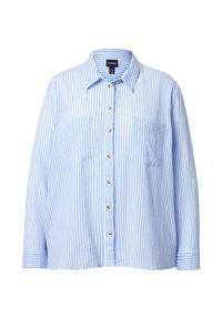 Blau-weiß gestreiftes Hemd mit Knöpfen, Kragen, zwei Brusttaschen und langen Ärmeln. Verfügt über perlenartige Knöpfe und einen lockeren Schnitt.