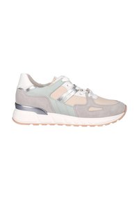 Lichtgrijze, muntgroene en bleekroze sneaker van suede en leer, met zilveren accenten, een gevoerde tong en een chunky witte zool.