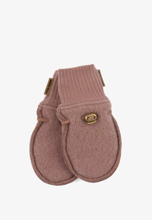 Rosafarbene Wollhandschuhe mit einem gerippten Bündchen, runder Form und einem dekorativen Messingverschluss. Weiche Textur mit genähten Kanten.