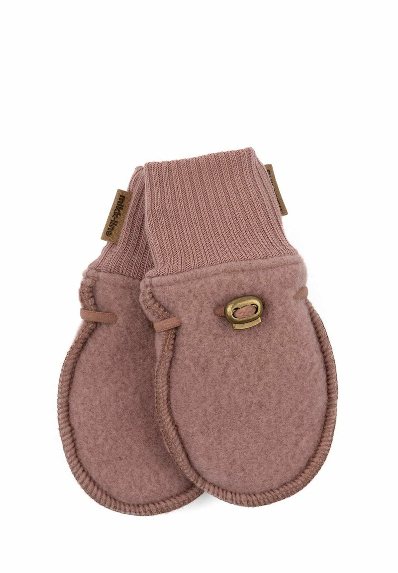 Rosafarbene Wollhandschuhe mit einem gerippten Bündchen, runder Form und einem dekorativen Messingverschluss. Weiche Textur mit genähten Kanten.