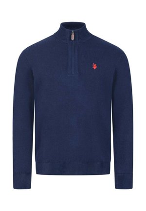 Navy blue long-sleeve sweater with a quarter-zip collar and a small red embroidered logo on the left chest.