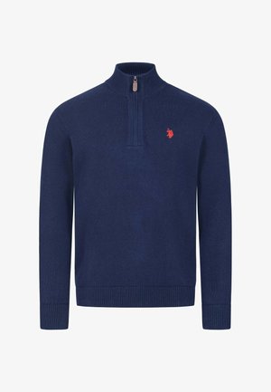 Navy blue long-sleeve sweater with a quarter-zip collar and a small red embroidered logo on the left chest.