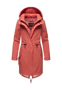 Coral waterproof jacket with a quilted hood, drawstring waist, and two side pockets. Features a zipper and button fastening with a logo detail.