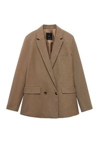 Brown double-breasted blazer made of textured fabric, featuring two front pockets and a single chest pocket; structured lapels and button accents.