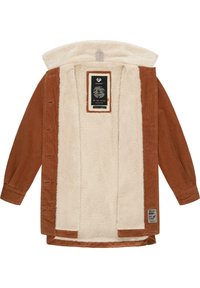 Corduroy jas met een warme, crèmekleurige sherpa-voering, een bruine buitenkant, knoopsluitingen en een merketiket aan de zoom.