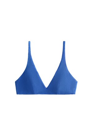 Blue textured bikini top with a V-neck design, narrow straps, and a seamless finish, made from lightweight material.