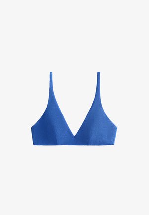 Modrý textúrovaný bikiny top s V-čkovým výstrihom, úzkymi ramienkami a bezšvovým prevedením, vyrobený z ľahkého materiálu.