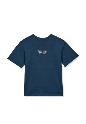 T-shirt bleu marine à manches courtes avec un petit motif graphique de soleil blanc et orange ainsi qu'un texte, centré sur la poitrine.