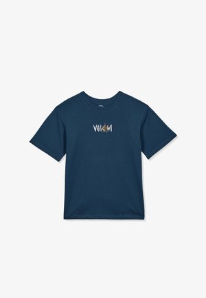 T-shirt bleu marine à manches courtes avec un petit motif graphique de soleil blanc et orange ainsi qu'un texte, centré sur la poitrine.