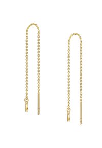 Orecchini a catena d'oro con anelli allungati e accenti cilindrici sottili all'estremità. Texture liscia e finitura metallica brillante.