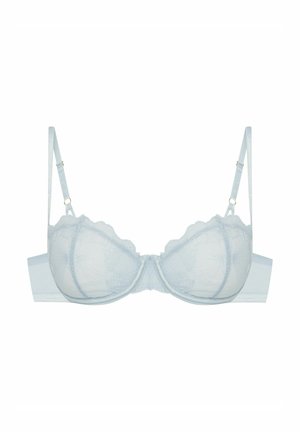 Hellblauer Spitzen-BH mit gewelltem Rand, Bügelunterstützung, verstellbaren Trägern und einem glatten Rückenteil mit goldenen Hardware-Akzenten.