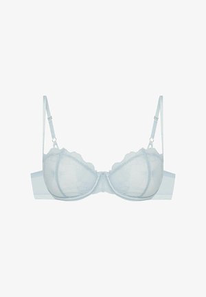 Light blue lace bra with scalloped edges, underwire support, adjustable straps, and a smooth back band featuring gold hardware accents.