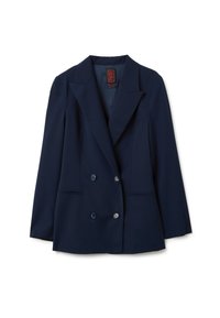 Blazer doppiopetto blu navy con revers a scoprire, quattro bottoni frontali e tasche a filetto, disteso su uno sfondo bianco.