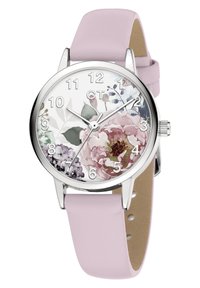 Runde Uhr mit einem Gehäuse aus silberfarbenem Metall, einem weißen Zifferblatt mit floralen Mustern, einem pinkfarbenen Lederarmband und arabischen Ziffern zur Markierung der Stunden.