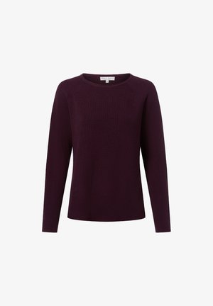 Pull en maille bourgogne à manches longues et col rond. Il présente une texture côtelée et une coupe droite, adapté pour un look décontracté.