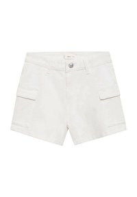 Vita bomull cargo shorts med sidfickor, knäppning med knapp och rak skärning. Slät textur med minimal detaljering.