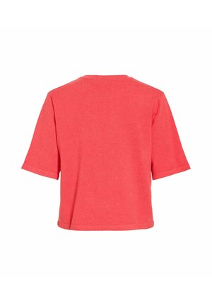 T-shirt court rouge uni à manches courtes, vu de dos, avec un col rond et un ourlet droit.