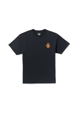 Zwarte katoenen t-shirt met korte mouwen en ronde hals, voorzien van een klein oranje en geel vlamlogo op de linkerborst.