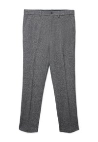 Graue Wollhosen mit strukturiertem Finish. Sie verfügen über eine klassische Passform, geraden Beinen, Gürtelschlaufen und einen einzelnen Knopfverschluss vorne.