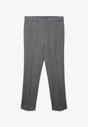 Pantaloni di lana grigia con una finitura testurizzata. Presentano una vestibilità classica, gamba dritta, passanti per cintura e una chiusura con un singolo bottone frontale.