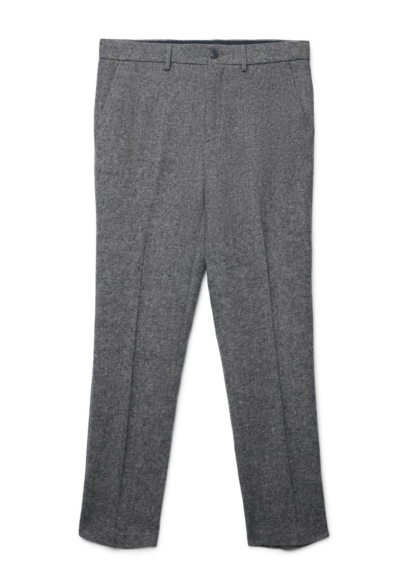 Graue Wollhosen mit strukturiertem Finish. Sie verfügen über eine klassische Passform, geraden Beinen, Gürtelschlaufen und einen einzelnen Knopfverschluss vorne.