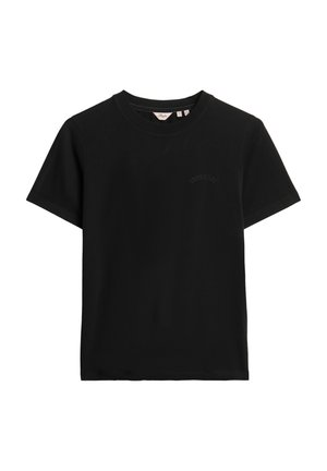 Camiseta de algodón negra con mangas cortas y cuello redondo. Presenta un discreto logo bordado en el pecho. Textura suave, corte regular.