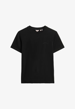 Black cotton t-shirt with short sleeves and a crew neckline. Features a subtle embroidered logo at the chest. Smooth texture, regular fit.