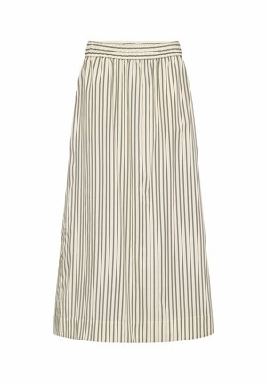 Beżowa spódnica midi w pionowe ciemno-brązowe paski, z elastycznym pasem i lekkiego materiału, charakteryzująca się luźnym krojem i gładką teksturą.