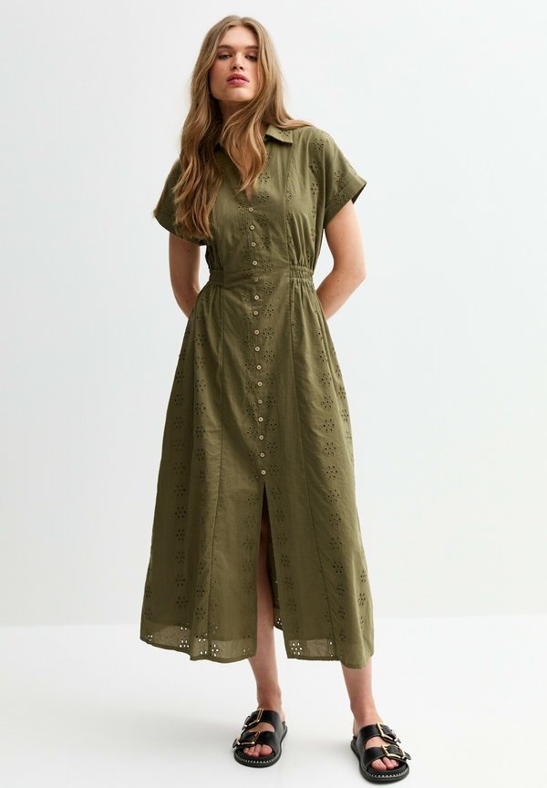 BRODERIE ANGLAISE V-NECK MIDI - Blusenkleid - khaki