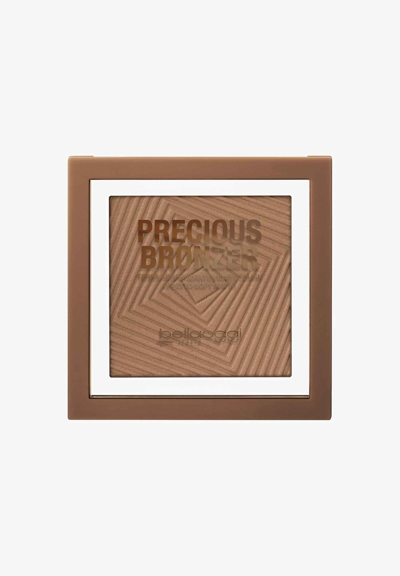 Compatto quadrato per bronzer con polvere texturizzata etichettato "Precious Bronzer" di Bellaoggi, in tonalità di marrone caldo.