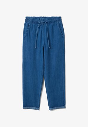 Blaue Denim-Jogginghosen mit elastischem Bund, Kordelzug, seitlichen Taschen, leicht zulaufenden Beinen und umgeschlagenen Bündchen.