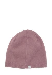 Knit beanie in dusty rose color with textured ribbing. Features a small square label on the brim. Soft material, fitted design.