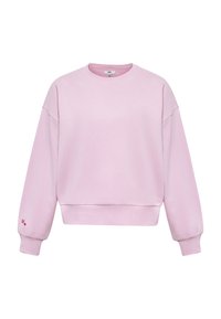 Light pink crewneck sweatshirt with long sleeves and ribbed cuffs, featuring a small red "M" and heart embroidery on the left sleeve cuff.